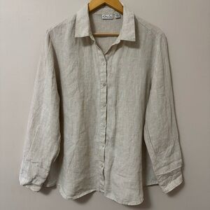 Kim rogers (L) stone tan 100% linen button down collared shirt